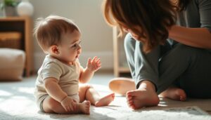 A baby sitting on the floor, intently watching and imitating the expressive facial movements of a parent or caretaker, who is seated nearby, engaging the child with a lively, playful demeanor. Soft, diffused natural lighting bathes the scene, highlighting the baby's rapt attention and the parent's gentle, nurturing expressions. The composition is framed tightly, emphasizing the intimate, interactive dynamic between the two figures, conveying the developmental significance of this simple, joyful act of mimicry.