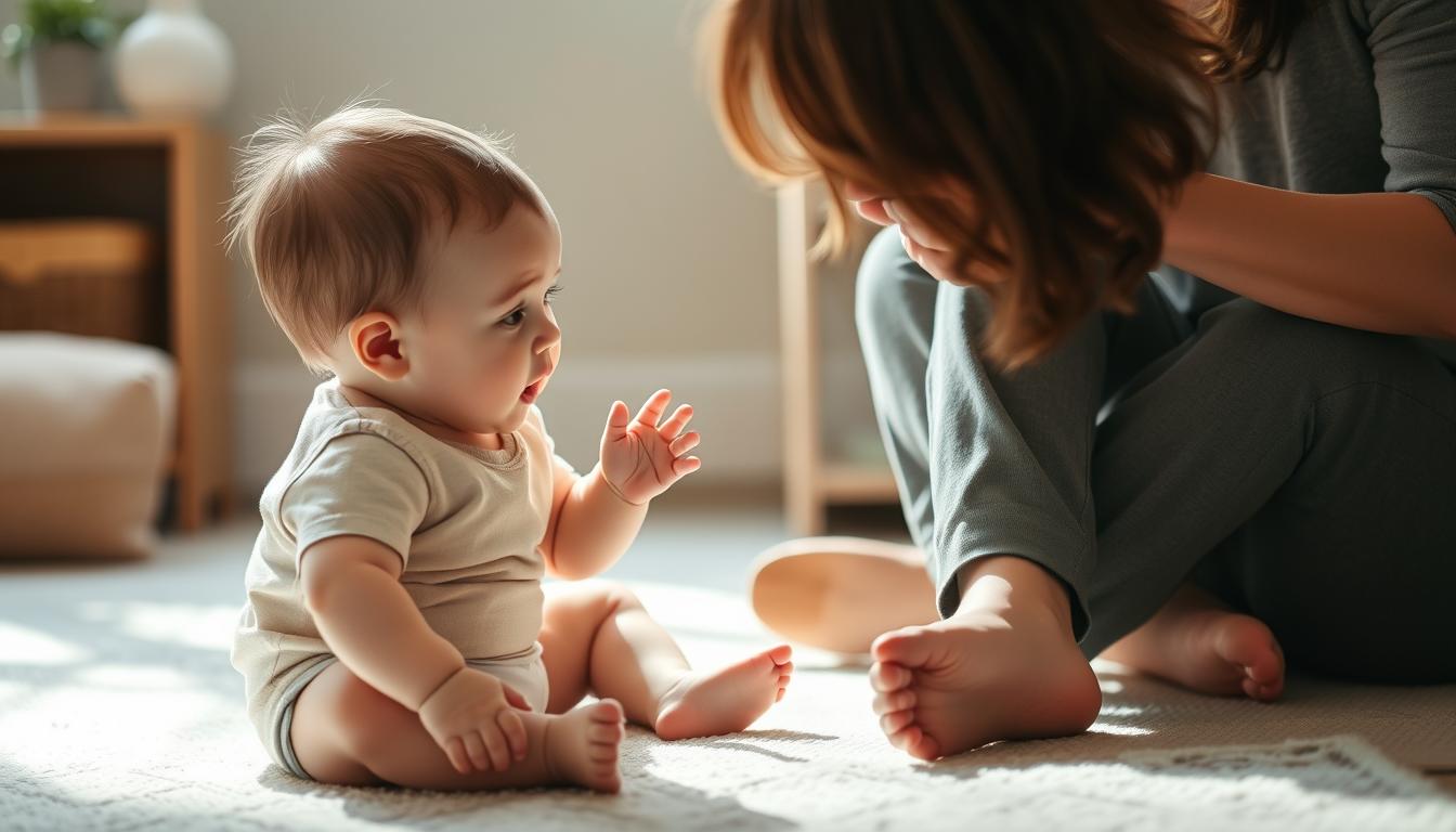 A baby sitting on the floor, intently watching and imitating the expressive facial movements of a parent or caretaker, who is seated nearby, engaging the child with a lively, playful demeanor. Soft, diffused natural lighting bathes the scene, highlighting the baby's rapt attention and the parent's gentle, nurturing expressions. The composition is framed tightly, emphasizing the intimate, interactive dynamic between the two figures, conveying the developmental significance of this simple, joyful act of mimicry.
