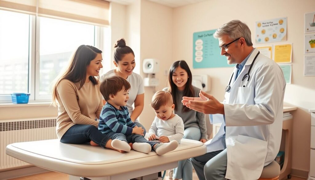 A bright, warm-lit doctor's office with a friendly pediatrician consulting with a young child and their attentive parents. The child sits on the examination table, examining a toy or book, while the doctor gestures animatedly, discussing their development. The room is clean and inviting, with soft colors, medical equipment, and educational posters on the walls. Ample natural light filters through large windows, creating a calming, nurturing atmosphere. The family's expressions convey a sense of trust, comfort, and a collaborative approach to monitoring the child's progress. A bright, warm-lit doctor's office with a friendly pediatrician consulting with a young child and their attentive parents. The child sits on the examination table, examining a toy or book, while the doctor gestures animatedly, discussing their development. The room is clean and inviting, with soft colors, medical equipment, and educational posters on the walls. Ample natural light filters through large windows, creating a calming, nurturing atmosphere. The family's expressions convey a sense of trust, comfort, and a collaborative approach to monitoring the child's progress.