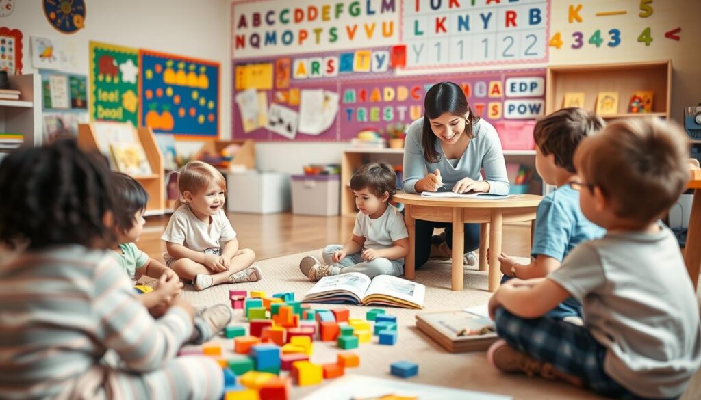 A cheerful, warm-lit classroom setting with young children engaged in various playful literacy activities. In the foreground, a group of kids sitting on the floor, colorful alphabet blocks and picture books scattered around them. In the middle ground, a teacher guiding a student through a hands-on tracing exercise at a small table. The background features a vibrant display of educational posters, drawings, and alphabet letters decorating the walls. The atmosphere is one of discovery, curiosity, and joyful learning. A cheerful, warm-lit classroom setting with young children engaged in various playful literacy activities. In the foreground, a group of kids sitting on the floor, colorful alphabet blocks and picture books scattered around them. In the middle ground, a teacher guiding a student through a hands-on tracing exercise at a small table. The background features a vibrant display of educational posters, drawings, and alphabet letters decorating the walls. The atmosphere is one of discovery, curiosity, and joyful learning.