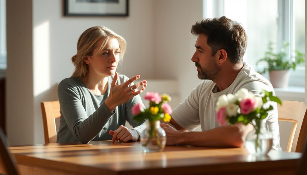 A couple sitting at a dining table, engaged in an earnest discussion. The woman gestures with her hands, expressing her thoughts, while the man listens intently, brow furrowed in concentration. Soft, natural lighting illuminates their faces, creating a warm, intimate atmosphere. The table is clear, save for a simple vase of flowers, symbolizing the open, thoughtful nature of their conversation. The background is slightly blurred, focusing the viewer's attention on the couple's interaction and the importance of their dialogue about dividing household responsibilities. A couple sitting at a dining table, engaged in an earnest discussion. The woman gestures with her hands, expressing her thoughts, while the man listens intently, brow furrowed in concentration. Soft, natural lighting illuminates their faces, creating a warm, intimate atmosphere. The table is clear, save for a simple vase of flowers, symbolizing the open, thoughtful nature of their conversation. The background is slightly blurred, focusing the viewer's attention on the couple's interaction and the importance of their dialogue about dividing household responsibilities.