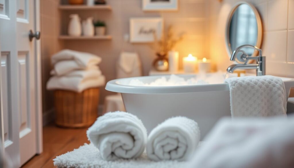 A cozy bathroom setting, the soft glow of warm lighting casting a soothing ambiance. In the foreground, a baby-sized tub filled with steaming water, its temperature carefully monitored. Fluffy towels, gentle baby soaps, and a plush mat await, creating a safe and comfortable environment for the newborn's first bath. The background features a calming, neutral color palette, with subtle decorative elements that evoke a sense of nurturing care. The overall scene conveys a tranquil, attentive mood, perfect for the delicate task of bathing a newborn. A cozy bathroom setting, the soft glow of warm lighting casting a soothing ambiance. In the foreground, a baby-sized tub filled with steaming water, its temperature carefully monitored. Fluffy towels, gentle baby soaps, and a plush mat await, creating a safe and comfortable environment for the newborn's first bath. The background features a calming, neutral color palette, with subtle decorative elements that evoke a sense of nurturing care. The overall scene conveys a tranquil, attentive mood, perfect for the delicate task of bathing a newborn.