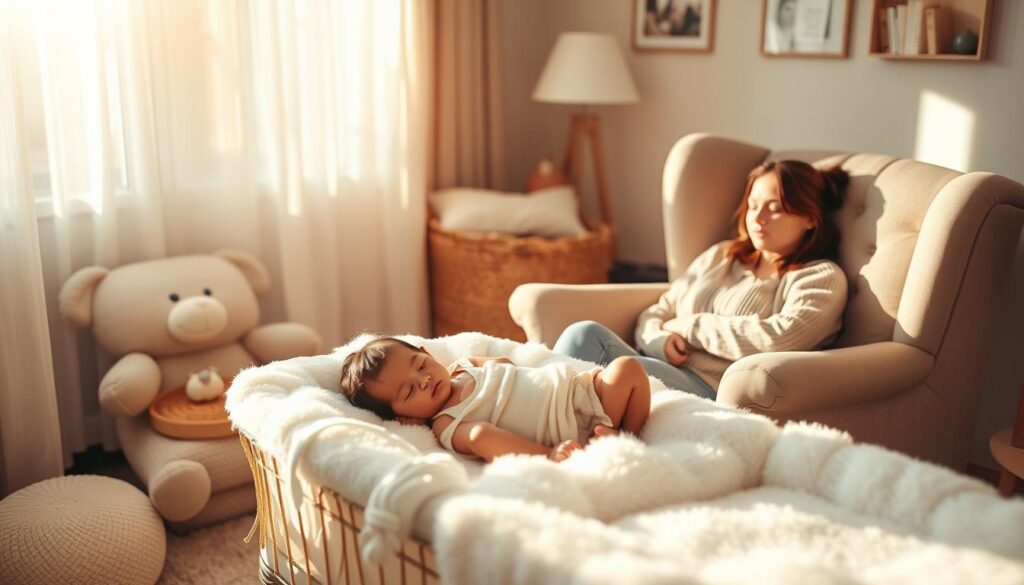 A cozy, sun-drenched nursery scene. A sleeping newborn baby nestled in a soft, cloud-like bassinet, surrounded by plush toys and soothing pastel accents. The mother, a peaceful expression on her face, sits nearby in a comfortable armchair, taking a well-deserved nap. Warm, golden light filters through sheer curtains, casting a serene glow over the peaceful tableau. The room is bathed in a soft, dreamlike hue, conveying a sense of tranquility and rest. The composition is balanced and symmetrical, drawing the eye to the sleeping infant at the heart of the scene. A cozy, sun-drenched nursery scene. A sleeping newborn baby nestled in a soft, cloud-like bassinet, surrounded by plush toys and soothing pastel accents. The mother, a peaceful expression on her face, sits nearby in a comfortable armchair, taking a well-deserved nap. Warm, golden light filters through sheer curtains, casting a serene glow over the peaceful tableau. The room is bathed in a soft, dreamlike hue, conveying a sense of tranquility and rest. The composition is balanced and symmetrical, drawing the eye to the sleeping infant at the heart of the scene.
