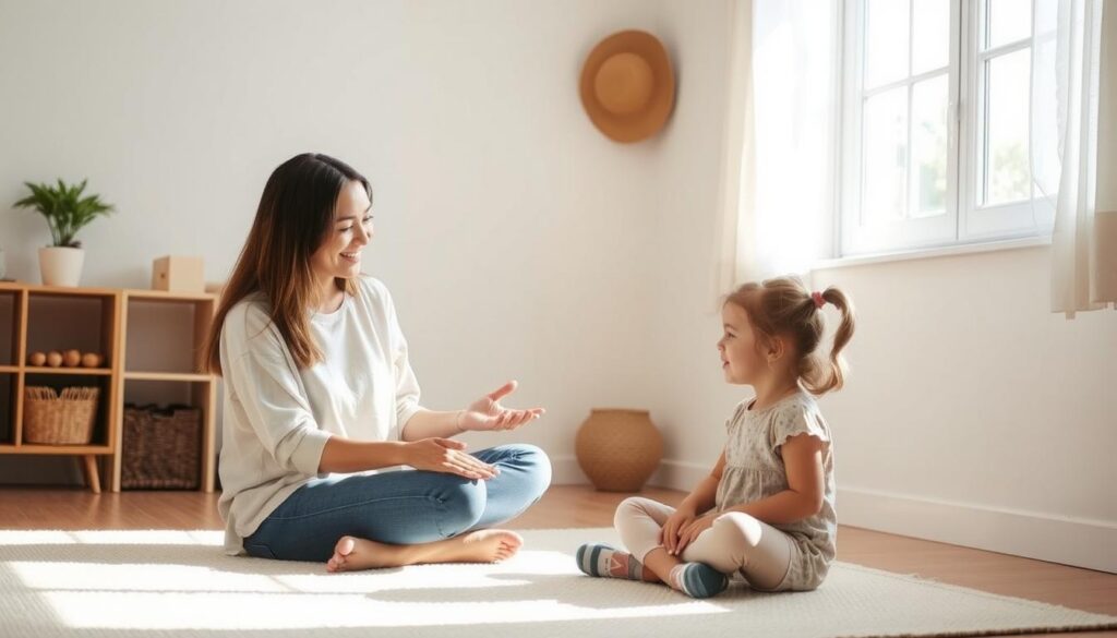 A cozy, sun-lit room where a mother and child engage in positive discipline. The mother, seated on the floor, gently guides her young daughter through a calming exercise, her face radiating warmth and understanding. The daughter, cross-legged, listens intently, her expression calm and focused. Soft, muted tones create an atmosphere of safety and trust, inviting the viewer to witness this moment of nurturing guidance. The room is spare, with minimal furnishings, allowing the interaction between the pair to take center stage. A sense of harmony and mutual respect permeates the scene, conveying the principles of positive discipline and self-regulation.
