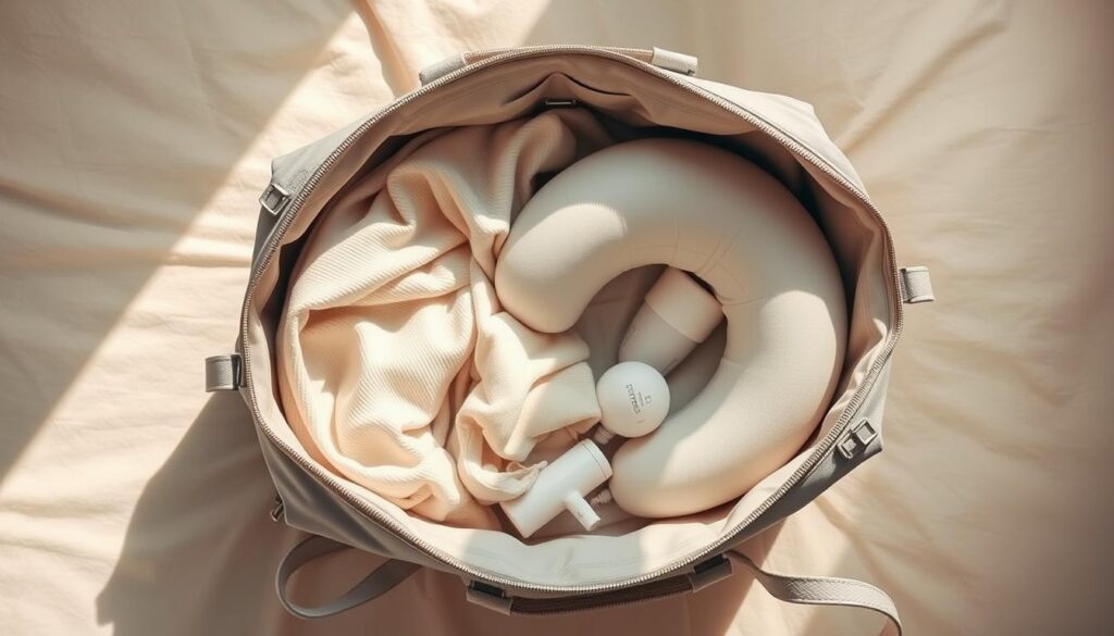 A modern, functional maternity bag laid out on a soft, neutral-toned surface. The bag is a neutral gray or beige, crafted from high-quality, durable materials. The zipper pulls and hardware have a sleek, minimal design. Inside the open bag, a selection of carefully curated items are neatly organized - soft, comfortable clothing for the mother, plush baby blankets, an elegant nursing pillow, and essential toiletries. The lighting is warm and natural, casting a gentle glow over the scene. The overall mood is one of tranquility, practicality, and care, reflecting the comfort and preparedness a new mother desires. A modern, functional maternity bag laid out on a soft, neutral-toned surface. The bag is a neutral gray or beige, crafted from high-quality, durable materials. The zipper pulls and hardware have a sleek, minimal design. Inside the open bag, a selection of carefully curated items are neatly organized - soft, comfortable clothing for the mother, plush baby blankets, an elegant nursing pillow, and essential toiletries. The lighting is warm and natural, casting a gentle glow over the scene. The overall mood is one of tranquility, practicality, and care, reflecting the comfort and preparedness a new mother desires.