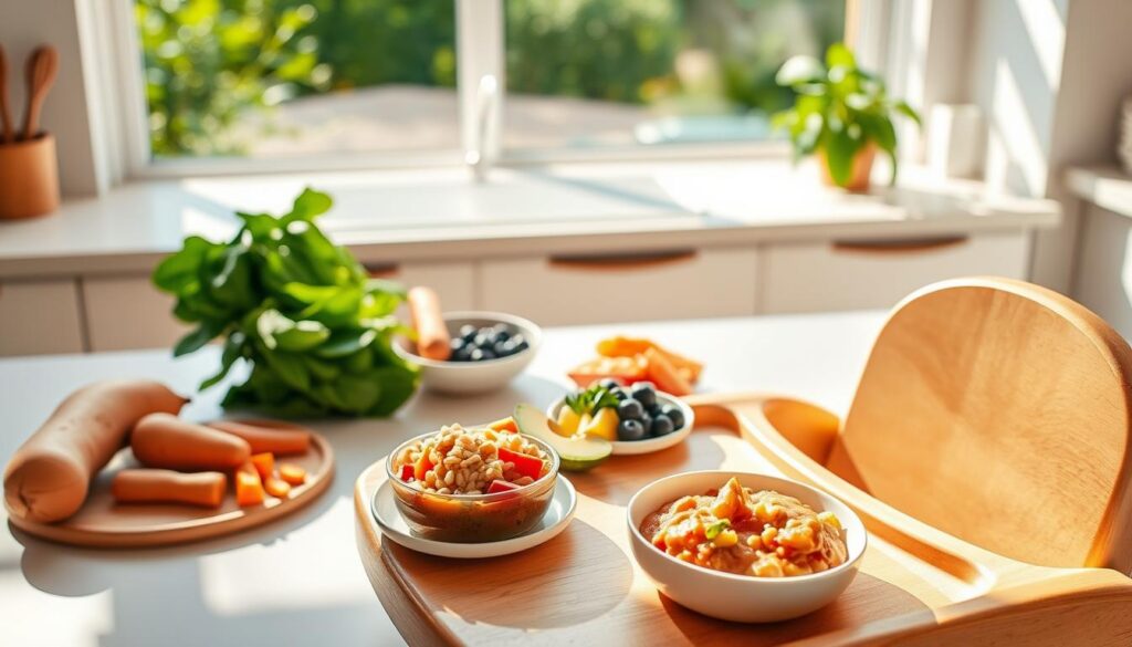 A natural, sun-dappled kitchen scene featuring an assortment of baby-safe foods for healthy first tastes. In the foreground, a wooden highchair holds a bowl of pureed fruits and vegetables, accompanied by small plates of soft-cooked grains, diced avocado, and bite-sized pieces of tender meat. The middle ground showcases a clean, minimalist countertop with a selection of colorful, nutrient-dense ingredients like sweet potatoes, carrots, blueberries, and spinach. In the background, a bright window overlooks a lush garden, casting warm, gentle lighting across the scene. The overall atmosphere is calm, inviting, and focused on nourishing a growing baby with wholesome, homemade foods. A natural, sun-dappled kitchen scene featuring an assortment of baby-safe foods for healthy first tastes. In the foreground, a wooden highchair holds a bowl of pureed fruits and vegetables, accompanied by small plates of soft-cooked grains, diced avocado, and bite-sized pieces of tender meat. The middle ground showcases a clean, minimalist countertop with a selection of colorful, nutrient-dense ingredients like sweet potatoes, carrots, blueberries, and spinach. In the background, a bright window overlooks a lush garden, casting warm, gentle lighting across the scene. The overall atmosphere is calm, inviting, and focused on nourishing a growing baby with wholesome, homemade foods.