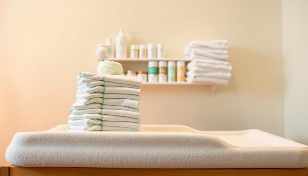 A neatly arranged diaper changing station, set against a soothing pastel backdrop. In the foreground, a soft, plush changing pad with high sides for safety and comfort. Atop it, a tidy stack of premium diapers, wipes, and ointments, all within easy reach. Shelves in the middle ground display an assortment of baby care essentials - creams, powders, and a neatly folded towel. Soft, diffused lighting casts a warm glow, creating an atmosphere of care and attentiveness. The overall scene conveys a sense of organization, practicality, and a dedication to the baby's well-being. A neatly arranged diaper changing station, set against a soothing pastel backdrop. In the foreground, a soft, plush changing pad with high sides for safety and comfort. Atop it, a tidy stack of premium diapers, wipes, and ointments, all within easy reach. Shelves in the middle ground display an assortment of baby care essentials - creams, powders, and a neatly folded towel. Soft, diffused lighting casts a warm glow, creating an atmosphere of care and attentiveness. The overall scene conveys a sense of organization, practicality, and a dedication to the baby's well-being.