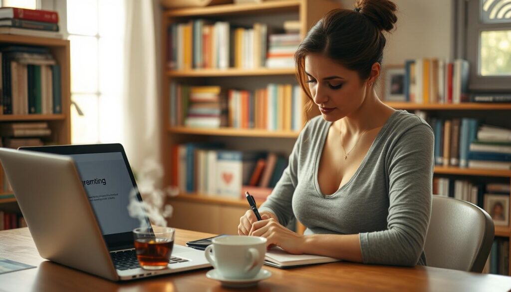 A pregnant woman sitting at a table, intently writing in a notebook. The room is filled with soft, natural light, casting a warm, contemplative glow. In the background, a bookshelf overflows with parenting guides and medical reference books. On the table, a laptop displays pregnancy-related information, and a cup of herbal tea steams nearby. The woman's expression is thoughtful, as she carefully plans her birth journey. The scene conveys a sense of focused preparation and a desire to create a personalized birthing experience. A pregnant woman sitting at a table, intently writing in a notebook. The room is filled with soft, natural light, casting a warm, contemplative glow. In the background, a bookshelf overflows with parenting guides and medical reference books. On the table, a laptop displays pregnancy-related information, and a cup of herbal tea steams nearby. The woman's expression is thoughtful, as she carefully plans her birth journey. The scene conveys a sense of focused preparation and a desire to create a personalized birthing experience.
