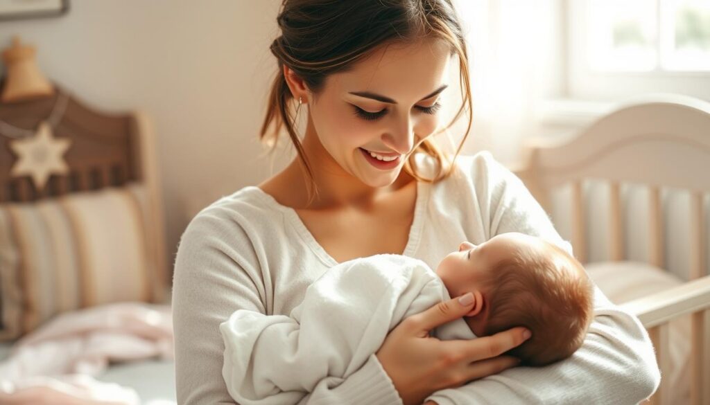 A serene and nurturing scene of a young mother gently cradling her newborn baby, surrounded by a warm, cozy atmosphere. Soft, natural lighting casts a tender glow on their faces, conveying a sense of comfort and bonding. The mother's expression is one of deep contentment and love, as she gazes adoringly at her child. In the background, a tranquil, pastel-hued nursery setting with subtle, elegant details creates a soothing, inviting ambiance. The overall composition evokes a profound sense of maternal well-being and the cherished moments of post-partum connection. A serene and nurturing scene of a young mother gently cradling her newborn baby, surrounded by a warm, cozy atmosphere. Soft, natural lighting casts a tender glow on their faces, conveying a sense of comfort and bonding. The mother's expression is one of deep contentment and love, as she gazes adoringly at her child. In the background, a tranquil, pastel-hued nursery setting with subtle, elegant details creates a soothing, inviting ambiance. The overall composition evokes a profound sense of maternal well-being and the cherished moments of post-partum connection.