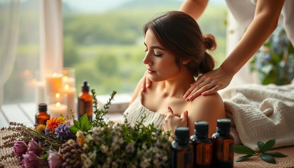 A serene and tranquil scene of a mother receiving a gentle massage, surrounded by the calming aroma of essential oils. In the foreground, a woman's hands delicately work to soothe the shoulders of a relaxed, eyes-closed mother. Soft, diffused lighting bathes the scene, creating a warm and inviting atmosphere. In the middle ground, a collection of fragrant flowers, herbs, and candles create a calming, spa-like ambiance. The background features a peaceful, natural setting, with lush greenery and a softly blurred horizon, evoking a sense of harmony and rejuvenation. The overall mood is one of deep relaxation, nurturing touch, and the restorative power of aromatherapy. A serene and tranquil scene of a mother receiving a gentle massage, surrounded by the calming aroma of essential oils. In the foreground, a woman's hands delicately work to soothe the shoulders of a relaxed, eyes-closed mother. Soft, diffused lighting bathes the scene, creating a warm and inviting atmosphere. In the middle ground, a collection of fragrant flowers, herbs, and candles create a calming, spa-like ambiance. The background features a peaceful, natural setting, with lush greenery and a softly blurred horizon, evoking a sense of harmony and rejuvenation. The overall mood is one of deep relaxation, nurturing touch, and the restorative power of aromatherapy.