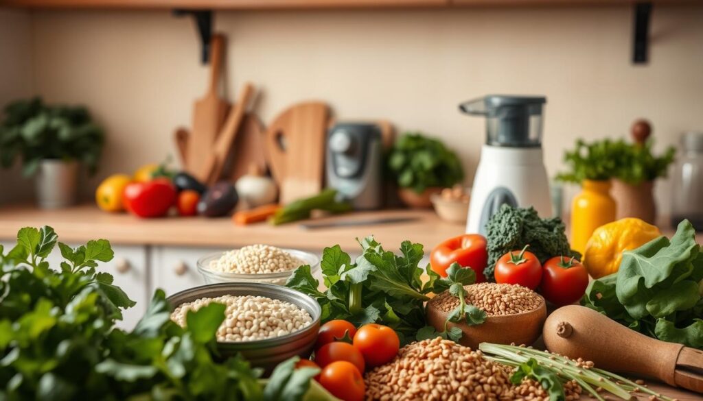 A serene kitchen scene with a warm, soft lighting. In the foreground, an assortment of fresh, organic ingredients - leafy greens, vibrant vegetables, and wholesome grains. In the middle ground, a wooden cutting board with a knife and a baby food grinder, hinting at the preparation of nourishing meals. In the background, a soothing pastel-colored wall, creating a calming and inviting atmosphere. The overall mood is one of mindfulness, simplicity, and a celebration of the natural goodness of food for the nourishment of a growing baby. A serene kitchen scene with a warm, soft lighting. In the foreground, an assortment of fresh, organic ingredients - leafy greens, vibrant vegetables, and wholesome grains. In the middle ground, a wooden cutting board with a knife and a baby food grinder, hinting at the preparation of nourishing meals. In the background, a soothing pastel-colored wall, creating a calming and inviting atmosphere. The overall mood is one of mindfulness, simplicity, and a celebration of the natural goodness of food for the nourishment of a growing baby.