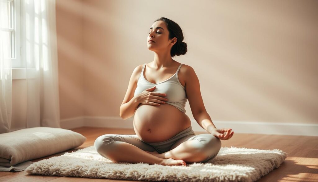 A serene, natural-lit scene depicting a pregnant woman practicing breathing and relaxation techniques for childbirth. She sits cross-legged on a plush, cushioned floor, eyes closed in deep concentration. Her surroundings are warm and soothing, with soft textures and muted tones of a cozy, safe space. Gentle beams of light filter through an unseen window, casting a peaceful, calming glow. The woman's posture is graceful and her expression is one of tranquility, as she focuses on her breath to prepare her mind and body for the upcoming labor and delivery. A serene, natural-lit scene depicting a pregnant woman practicing breathing and relaxation techniques for childbirth. She sits cross-legged on a plush, cushioned floor, eyes closed in deep concentration. Her surroundings are warm and soothing, with soft textures and muted tones of a cozy, safe space. Gentle beams of light filter through an unseen window, casting a peaceful, calming glow. The woman's posture is graceful and her expression is one of tranquility, as she focuses on her breath to prepare her mind and body for the upcoming labor and delivery.