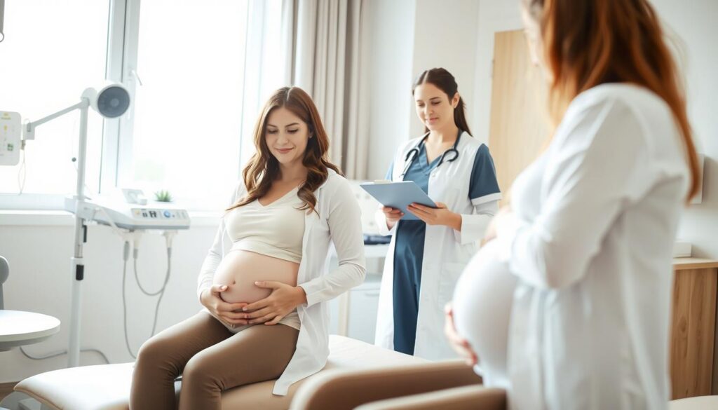 A serene, well-lit prenatal clinic interior. In the foreground, a pregnant woman sits comfortably on an exam table, her hands gently resting on her baby bump. Nearby, a doctor or nurse consults a clipboard, their expression warm and attentive. The middle ground features medical equipment and supplies, conveying a sense of care and professionalism. In the background, a window allows natural light to filter in, creating a calming atmosphere. The overall scene radiates a feeling of safety, comfort, and the nurturing support expected during a healthy pregnancy. A serene, well-lit prenatal clinic interior. In the foreground, a pregnant woman sits comfortably on an exam table, her hands gently resting on her baby bump. Nearby, a doctor or nurse consults a clipboard, their expression warm and attentive. The middle ground features medical equipment and supplies, conveying a sense of care and professionalism. In the background, a window allows natural light to filter in, creating a calming atmosphere. The overall scene radiates a feeling of safety, comfort, and the nurturing support expected during a healthy pregnancy.