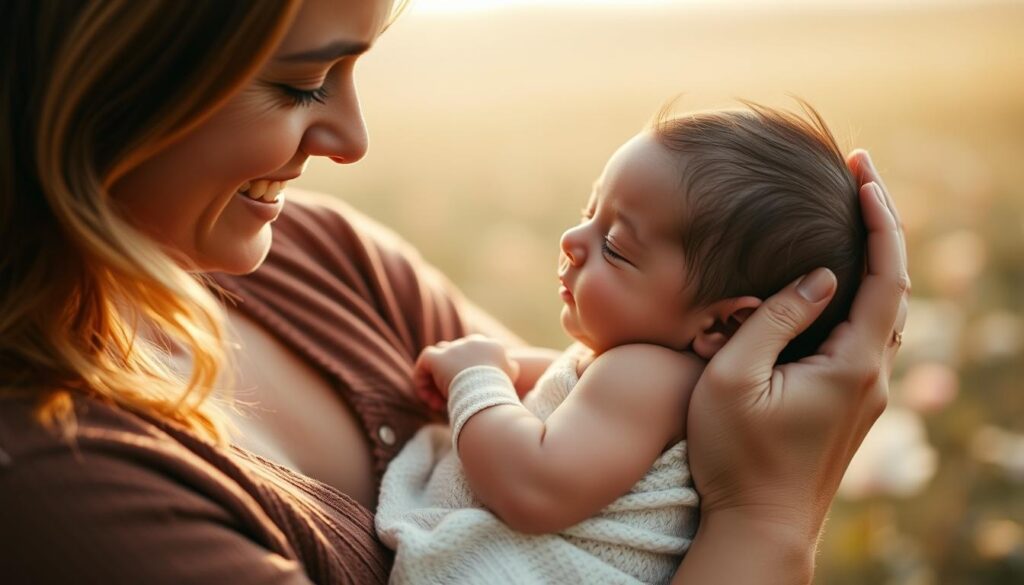 A tender, loving embrace between a mother and her newborn baby. The mother's face is radiant with affection, her eyes filled with adoration as she gazes down at the infant cradled in her arms. Warm, soft lighting casts a gentle glow, highlighting the mother's delicate features and the baby's peaceful, content expression. The background is a serene, natural setting, perhaps a field of wildflowers or a tranquil meadow, creating a sense of harmony and connection between the two figures. The composition draws the viewer's attention to the intimate, emotional bond shared between mother and child, capturing the essence of the early stages of a nurturing relationship. A tender, loving embrace between a mother and her newborn baby. The mother's face is radiant with affection, her eyes filled with adoration as she gazes down at the infant cradled in her arms. Warm, soft lighting casts a gentle glow, highlighting the mother's delicate features and the baby's peaceful, content expression. The background is a serene, natural setting, perhaps a field of wildflowers or a tranquil meadow, creating a sense of harmony and connection between the two figures. The composition draws the viewer's attention to the intimate, emotional bond shared between mother and child, capturing the essence of the early stages of a nurturing relationship.