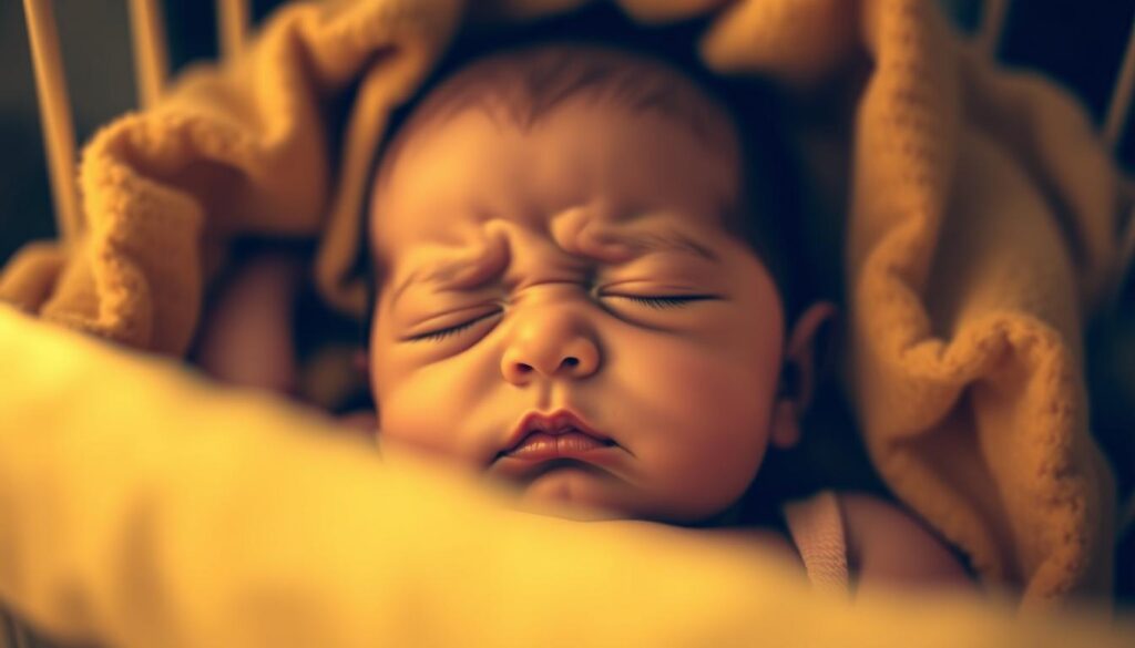 A tired baby nestled in a cozy cradle, eyes gently closed, face softly illuminated by warm, diffused lighting. Subtle wrinkles on the forehead and brow indicate mild distress, while the slightly parted lips suggest a weary sigh. The scene is captured in a shallow depth of field, with a blurred, comforting background that evokes a sense of tranquility. The overall mood is one of gentle exhaustion, capturing the delicate balance between a baby's need for rest and the subtle cues that signal their growing fatigue. A tired baby nestled in a cozy cradle, eyes gently closed, face softly illuminated by warm, diffused lighting. Subtle wrinkles on the forehead and brow indicate mild distress, while the slightly parted lips suggest a weary sigh. The scene is captured in a shallow depth of field, with a blurred, comforting background that evokes a sense of tranquility. The overall mood is one of gentle exhaustion, capturing the delicate balance between a baby's need for rest and the subtle cues that signal their growing fatigue.