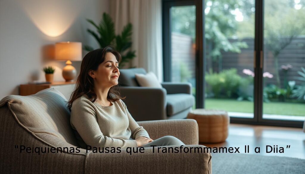A tranquil scene of a mother taking a strategic pause in her daily routine, surrounded by a serene atmosphere. In the foreground, she sits comfortably on a plush armchair, her eyes closed, her body language radiating a sense of calm and introspection. The middle ground features a cozy living room with soft lighting, warm textures, and minimal decor, creating a soothing ambiance. In the background, a large window offers a glimpse of a peaceful garden, with lush greenery and a hint of natural sunlight filtering through. The overall mood is one of quiet contemplation, inviting the viewer to pause and reflect along with the mother, capturing the essence of "Pequenas Pausas que Transformam o Dia a Dia."