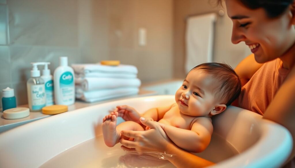 A warm, softly lit bathroom scene. In the foreground, a smiling parent gently holding a baby in a shallow tub, ensuring the water temperature is just right. The baby's skin glows, and a sense of care and comfort radiates. The middle ground shows well-organized baby bath products, towels, and sponges, conveying a sense of preparedness. The background features neutral-toned walls and a calming, inviting atmosphere, evoking a tranquil, spa-like ambiance. The overall mood is one of nurturing, safety, and a parent's devotion to their child's wellbeing. A warm, softly lit bathroom scene. In the foreground, a smiling parent gently holding a baby in a shallow tub, ensuring the water temperature is just right. The baby's skin glows, and a sense of care and comfort radiates. The middle ground shows well-organized baby bath products, towels, and sponges, conveying a sense of preparedness. The background features neutral-toned walls and a calming, inviting atmosphere, evoking a tranquil, spa-like ambiance. The overall mood is one of nurturing, safety, and a parent's devotion to their child's wellbeing.