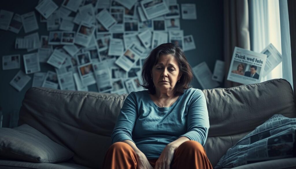 A weary mother sits on a couch, overwhelmed by the societal pressure to be the "perfect" parent. In the background, a maze of contradictory social media posts and newspaper headlines swirls, creating a suffocating atmosphere. The lighting is soft and muted, casting a somber, introspective mood. The mother's expression reflects a mixture of exhaustion, guilt, and a longing for respite from the unrealistic expectations thrust upon her. The scene is captured with a medium-wide angle lens, allowing the viewer to empathize with the mother's experience. The overall composition conveys the heavy burden of the "perfect mother" myth and the isolating impact of social pressure on maternal mental health. A weary mother sits on a couch, overwhelmed by the societal pressure to be the "perfect" parent. In the background, a maze of contradictory social media posts and newspaper headlines swirls, creating a suffocating atmosphere. The lighting is soft and muted, casting a somber, introspective mood. The mother's expression reflects a mixture of exhaustion, guilt, and a longing for respite from the unrealistic expectations thrust upon her. The scene is captured with a medium-wide angle lens, allowing the viewer to empathize with the mother's experience. The overall composition conveys the heavy burden of the "perfect mother" myth and the isolating impact of social pressure on maternal mental health.