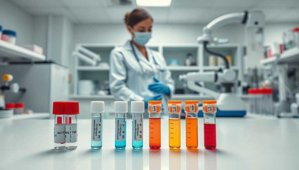 A well-lit medical laboratory setting, showcasing a variety of essential pregnancy-related test tubes, sample vials, and diagnostic equipment. The foreground features neatly labeled specimen containers and the iconic double-helix symbol of DNA, conveying the importance of genetic and hormonal analyses. The middle ground depicts a professional healthcare worker, wearing a lab coat and gloves, carefully handling the samples. The background is clean and sterile, with clinical white surfaces and state-of-the-art medical instruments, creating a sense of trust and expertise. The overall mood is one of scientific precision, medical diligence, and the critical role these laboratory examinations play in ensuring a healthy pregnancy. A well-lit medical laboratory setting, showcasing a variety of essential pregnancy-related test tubes, sample vials, and diagnostic equipment. The foreground features neatly labeled specimen containers and the iconic double-helix symbol of DNA, conveying the importance of genetic and hormonal analyses. The middle ground depicts a professional healthcare worker, wearing a lab coat and gloves, carefully handling the samples. The background is clean and sterile, with clinical white surfaces and state-of-the-art medical instruments, creating a sense of trust and expertise. The overall mood is one of scientific precision, medical diligence, and the critical role these laboratory examinations play in ensuring a healthy pregnancy.