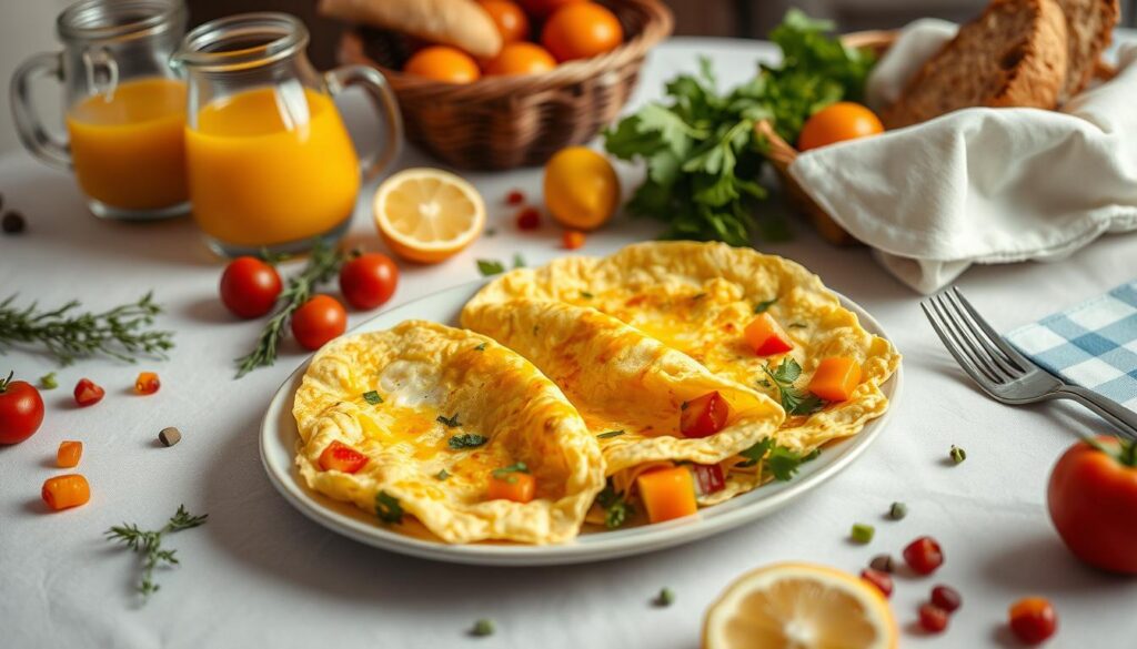 A wholesome family-style breakfast scene with a plate of nutritious omelets surrounded by fresh ingredients. The omelets are fluffy and golden, filled with vibrant vegetables and herbs. On the table, a carafe of orange juice, a basket of crusty bread, and a scattering of fresh fruit create a welcoming, homemade atmosphere. Soft, warm lighting casts a cozy glow, and the composition is balanced and inviting. The overall mood is one of nourishment, simplicity, and togetherness, perfectly capturing the essence of a nutritious, 15-minute meal for the whole family. A wholesome family-style breakfast scene with a plate of nutritious omelets surrounded by fresh ingredients. The omelets are fluffy and golden, filled with vibrant vegetables and herbs. On the table, a carafe of orange juice, a basket of crusty bread, and a scattering of fresh fruit create a welcoming, homemade atmosphere. Soft, warm lighting casts a cozy glow, and the composition is balanced and inviting. The overall mood is one of nourishment, simplicity, and togetherness, perfectly capturing the essence of a nutritious, 15-minute meal for the whole family.