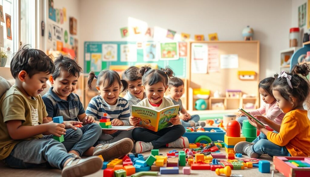 An engaging educational scene featuring a group of diverse children engaged in joyful, imaginative play. In the foreground, a cluster of young learners sit in a cozy nook, absorbed in a variety of vibrant, hands-on activities - building blocks, coloring, reading storybooks, and more. The middle ground showcases a lively play area with toys, puzzles, and games that encourage exploration, problem-solving, and collaboration. Bathed in warm, natural light, the background reveals a cheerful, inviting classroom setting with colorful posters, inspiring wall displays, and shelves brimming with educational resources. The overall atmosphere radiates a sense of wonder, discovery, and the development of essential values and empathy.