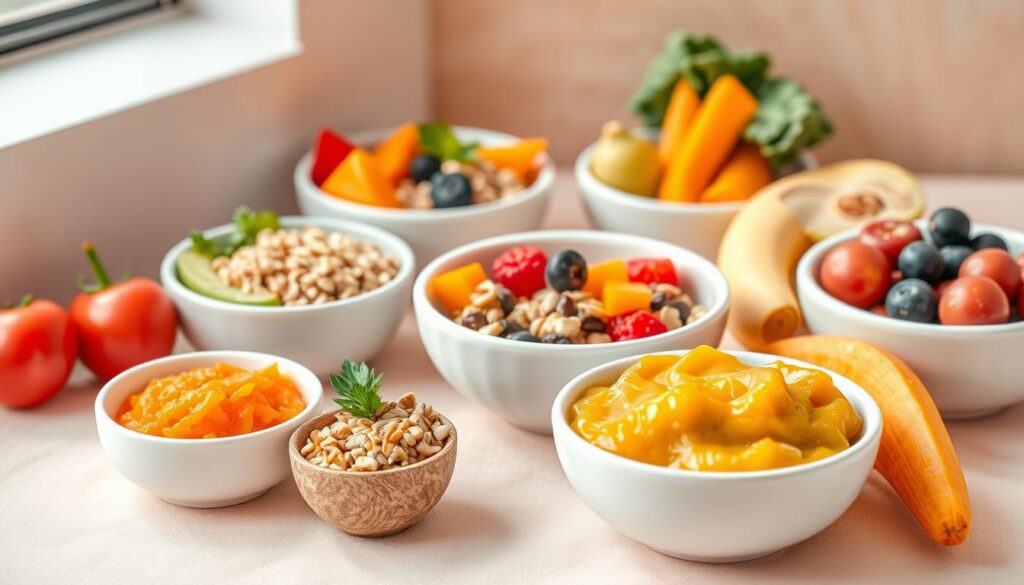 Healthy baby food bowls, filled with a variety of colorful, nutritious ingredients. A vibrant still life arrangement set against a soft, warm-toned background. Fresh pureed vegetables, grains, and fruits arranged in individual ceramic dishes, lit by natural window light. The scene exudes a sense of wholesome nourishment and care, perfectly capturing the essence of feeding growing infants. The composition is balanced and inviting, emphasizing the textures, colors, and appealing presentation of these homemade, baby-friendly meals. Healthy baby food bowls, filled with a variety of colorful, nutritious ingredients. A vibrant still life arrangement set against a soft, warm-toned background. Fresh pureed vegetables, grains, and fruits arranged in individual ceramic dishes, lit by natural window light. The scene exudes a sense of wholesome nourishment and care, perfectly capturing the essence of feeding growing infants. The composition is balanced and inviting, emphasizing the textures, colors, and appealing presentation of these homemade, baby-friendly meals.