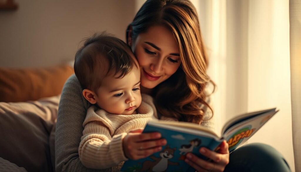 Intimate mother and baby reading together in a cozy, well-lit setting. The mother's warm gaze is filled with tenderness as she holds the child close, their bond palpable. Soft, diffused lighting from a nearby window illuminates their faces, creating a serene, tranquil atmosphere. The child's rapt attention is focused on the colorful storybook, their curious expression conveying the wonder of discovery. The background is blurred, keeping the viewer's attention on the central figures and their cherished moment of connection. Intimate mother and baby reading together in a cozy, well-lit setting. The mother's warm gaze is filled with tenderness as she holds the child close, their bond palpable. Soft, diffused lighting from a nearby window illuminates their faces, creating a serene, tranquil atmosphere. The child's rapt attention is focused on the colorful storybook, their curious expression conveying the wonder of discovery. The background is blurred, keeping the viewer's attention on the central figures and their cherished moment of connection.